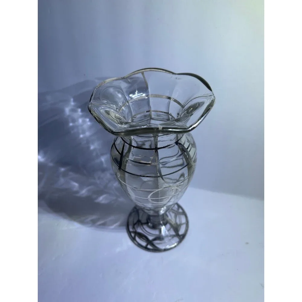 Art Nouveau Vase Sterling Silver Overlayed Glass Fluted Lip Footed Circa 1930’s